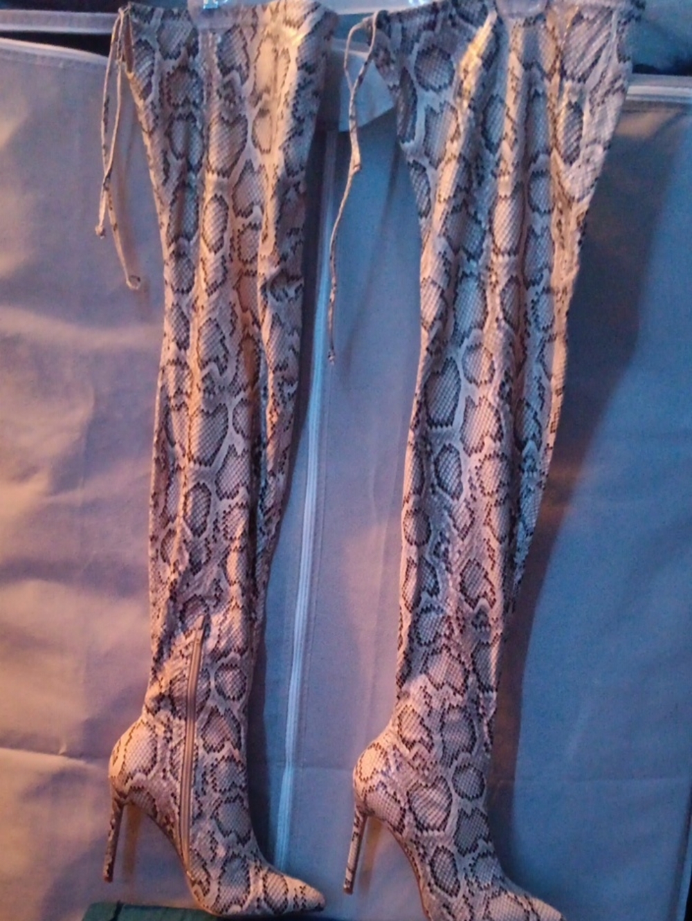 Snake-Print Thigh-High Stiletto Boots - Beige/Black
